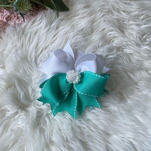 White and Teal Girls Hair Bow